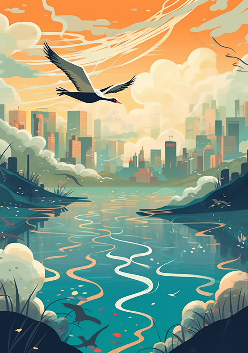 国潮风仙鹤飞过湖边和城市都市高楼大厦,插画/手绘图,插画/手绘图库,插画/手绘图下载,插画/手绘